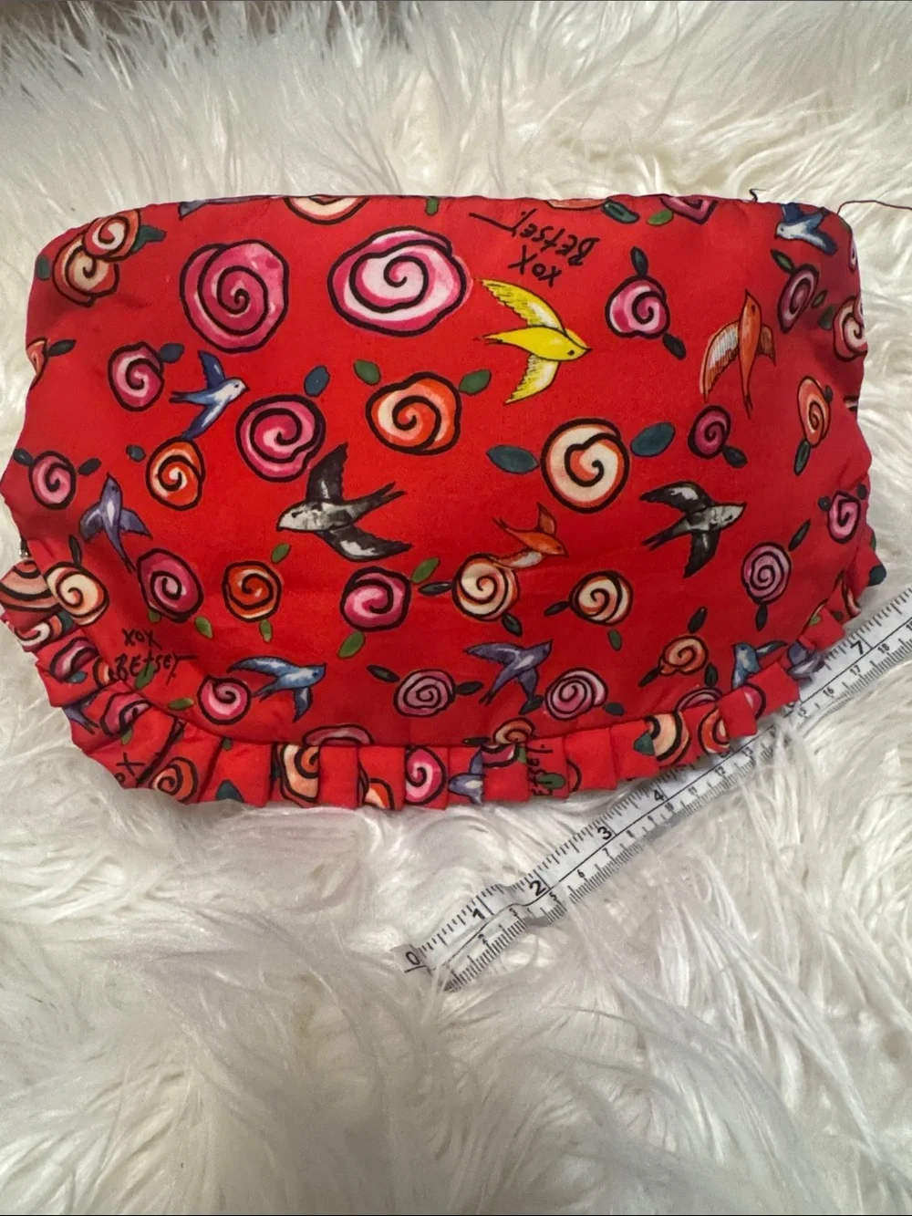 Betsey Johnson Red Ruffled Cosmetic Pouch with Heart Logo